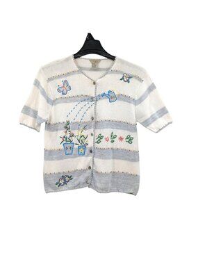 Vtg Teddi Embroidered Cardigan Button Up Cottage Whimsical Short Sleeve Medium